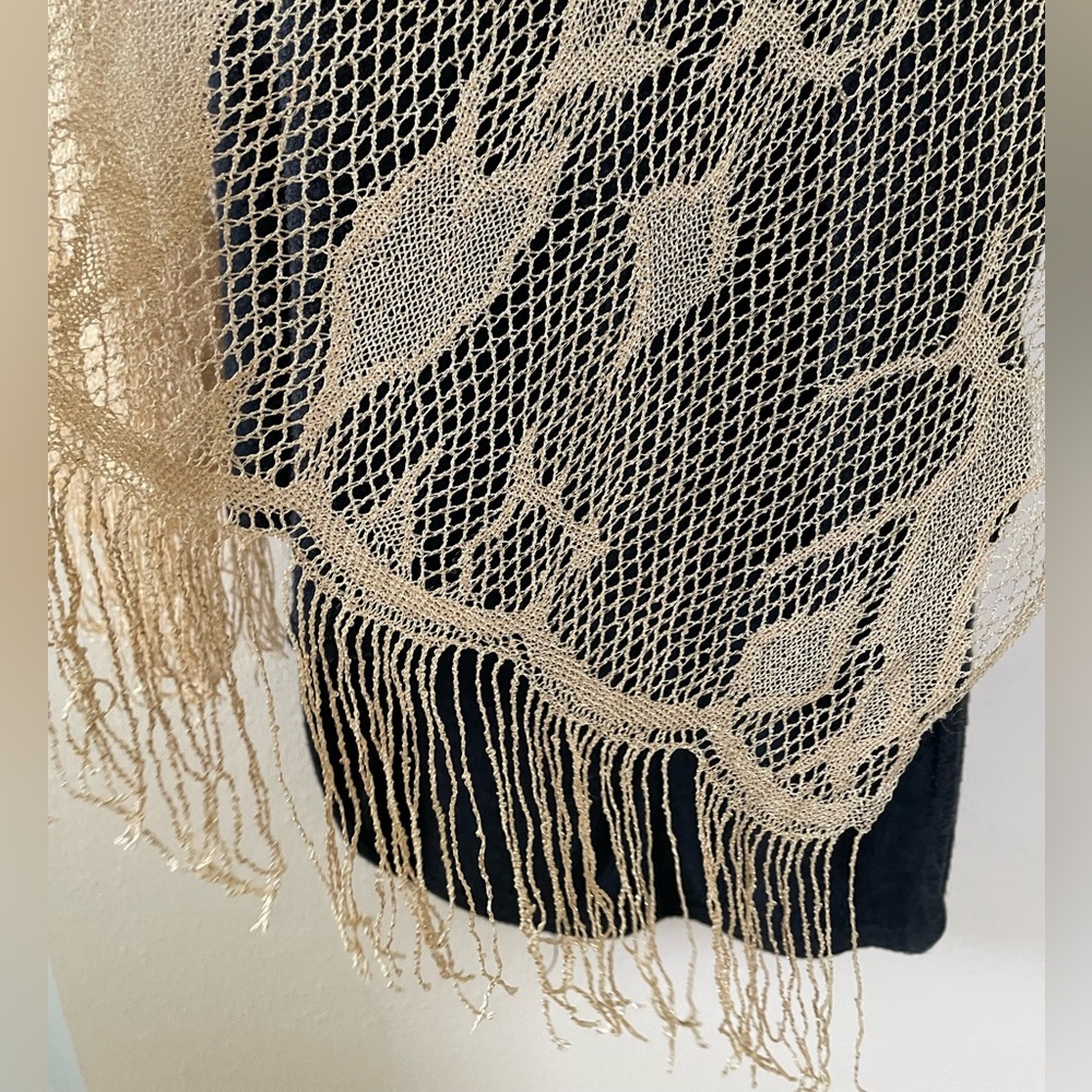 Gold Lace Knit Shawl with Asymmetrical Design - Picture 12 of 15